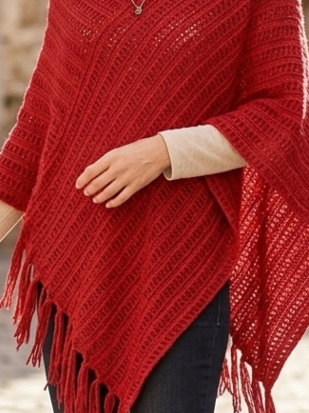 Elegant Red Fringed Poncho